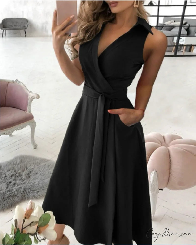 Summer Office Ladies V-Neck Dress Casual Long Sleeve Female Dress S / BLACK