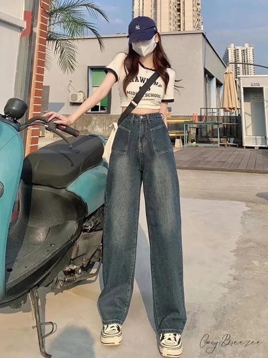 Summer Popular Light-Colored New Trendy Wide-Leg Japanese Fashion Jean Deep Blue / XS