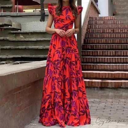 Summer Print Maxi Flying Sleeve Party Robe Vintage Boho Dress Red / S