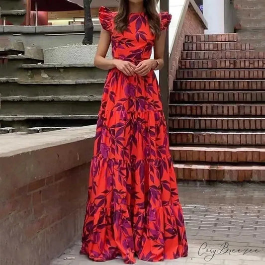 Summer Print Maxi Flying Sleeve Party Robe Vintage Boho Dress Red / S