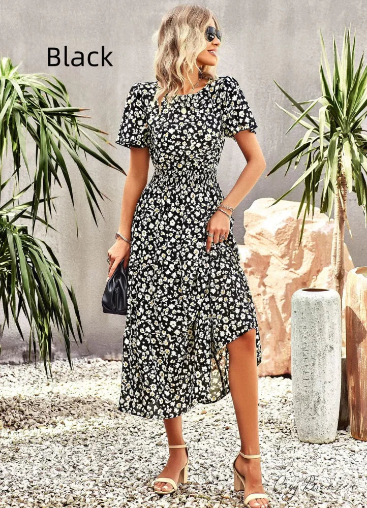 Summer Printed Short-Sleeve Dress M / black