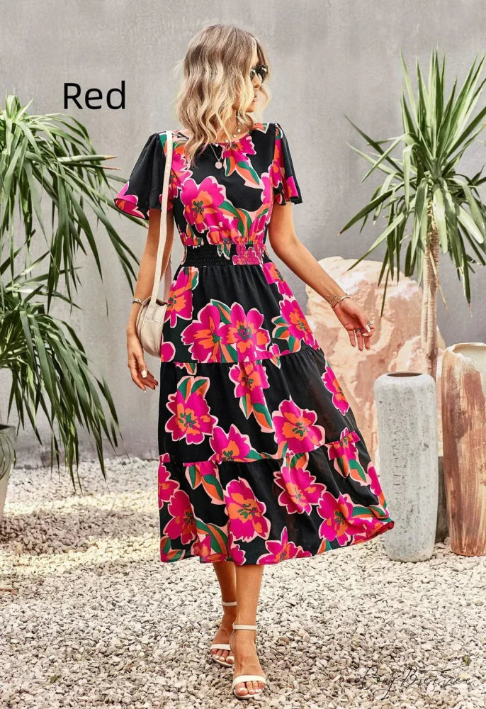 Summer Printed Short-Sleeve Dress M / red