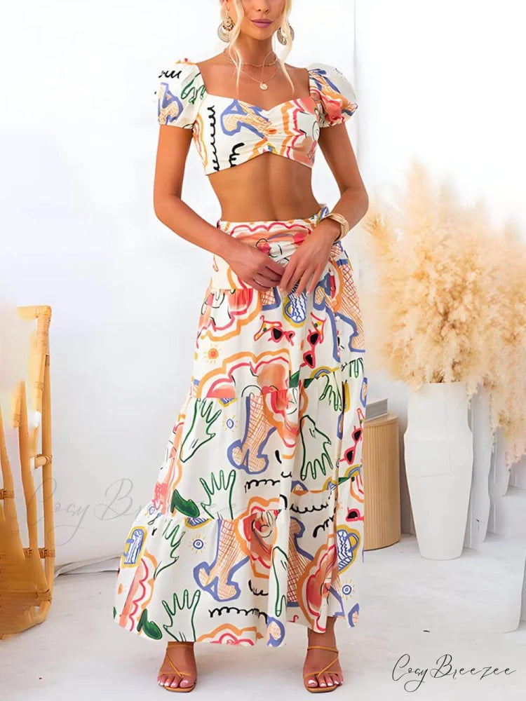 Summer Printed Top And Graceful Wrap Skirt Two-Piece Suit