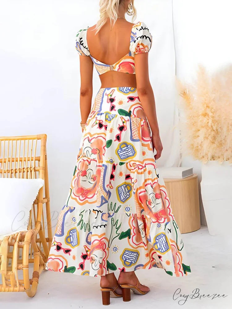 Summer Printed Top And Graceful Wrap Skirt Two-Piece Suit