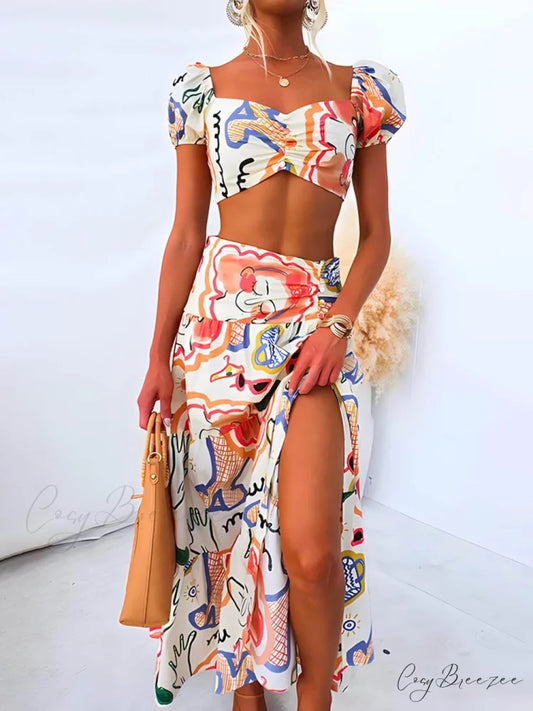 Summer Printed Top And Graceful Wrap Skirt Two-Piece Suit Multicolor / S