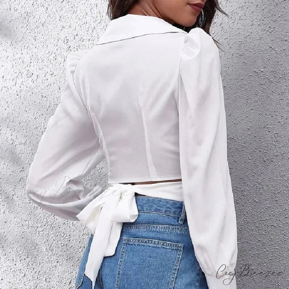 Summer Puff Long Sleeve Cropped Lace-up Crop Top blouse-250126