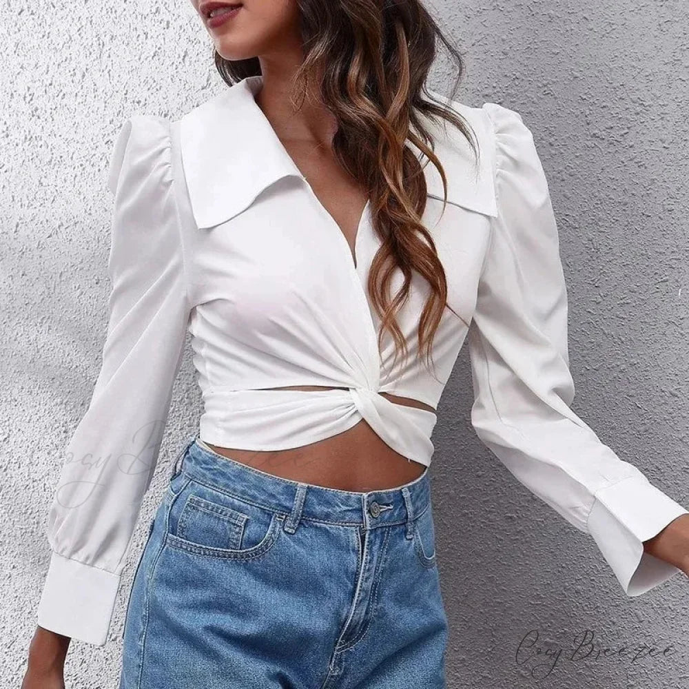 Summer Puff Long Sleeve Cropped Lace-up Crop Top WHITE / S blouse-250126
