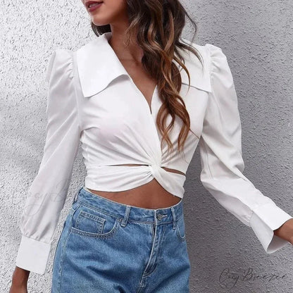 Summer Puff Long Sleeve Cropped Lace-up Crop Top WHITE / S blouse-250126