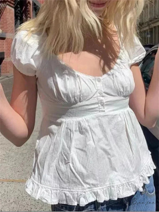 Summer Puff Short Sleeve Square Neck Crop Top WHITE / S blouse-250126