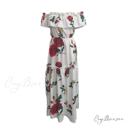 Summer Rose Off Shoulder Maxi Dress with Floral Print