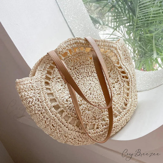 Summer Round Straw Shoulder Bag for Women Beige Hollow / 43x2x38cm shoulder-250126