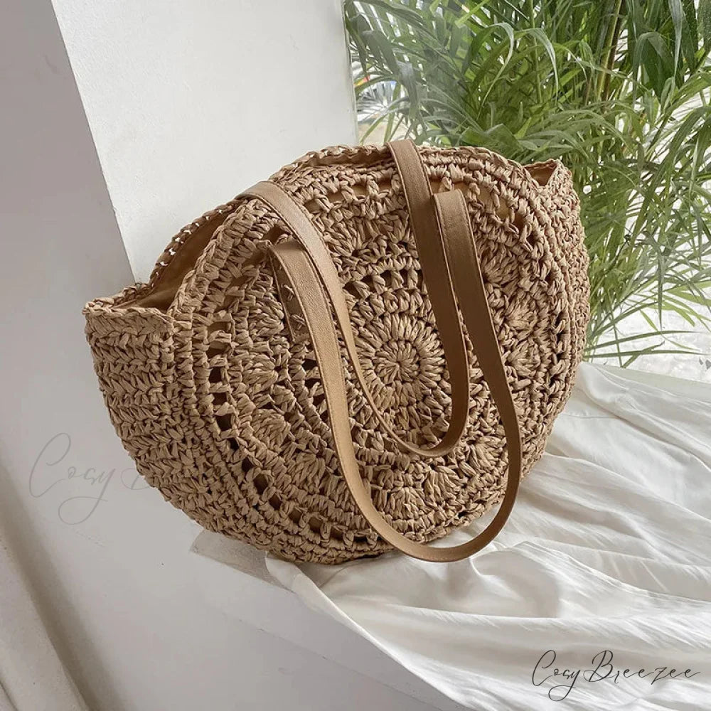 Summer Round Straw Shoulder Bag for Women Khaki Hollow / 43x2x38cm shoulder-250126