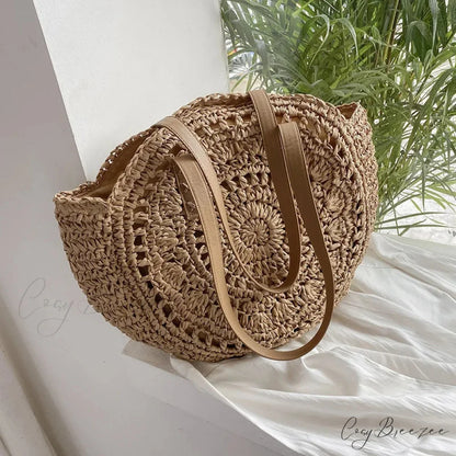 Summer Round Straw Shoulder Bag for Women Khaki Hollow / 43x2x38cm shoulder-250126