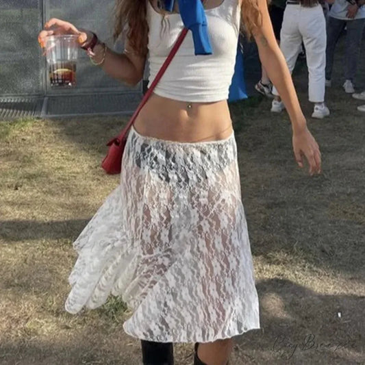 Summer See Through Boho Fairy Grunge Lace Maxi Skirt WHITE / S