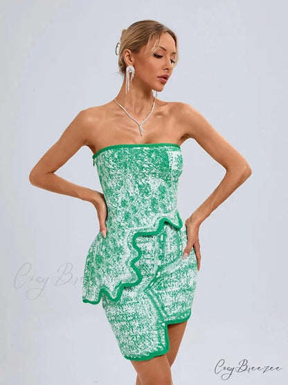 Summer Sexy Asymmetric Strapless Top Mini Skirts Two Piece Christmas Party Dress Green / XS