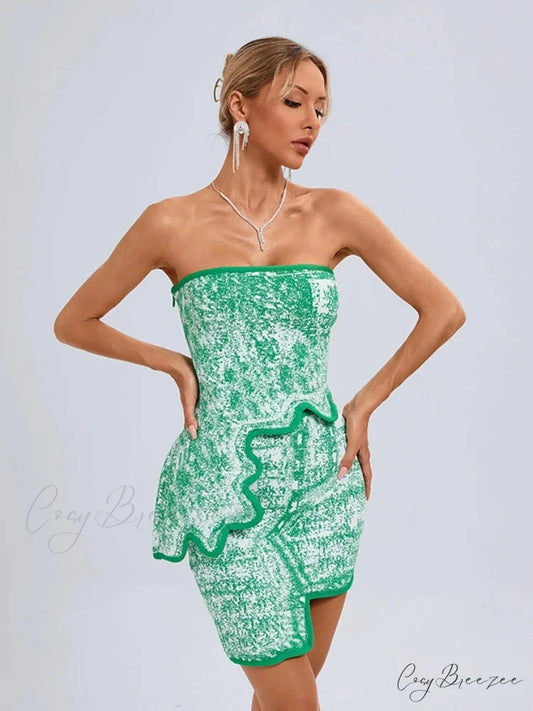 Summer Sexy Asymmetric Strapless Top Mini Skirts Two Piece Christmas Party Dress Green / XS