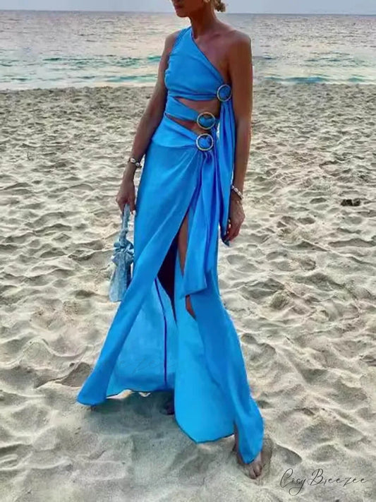 Summer Sexy Bandage Charming Irregular Sleeveless Dress Blue / S