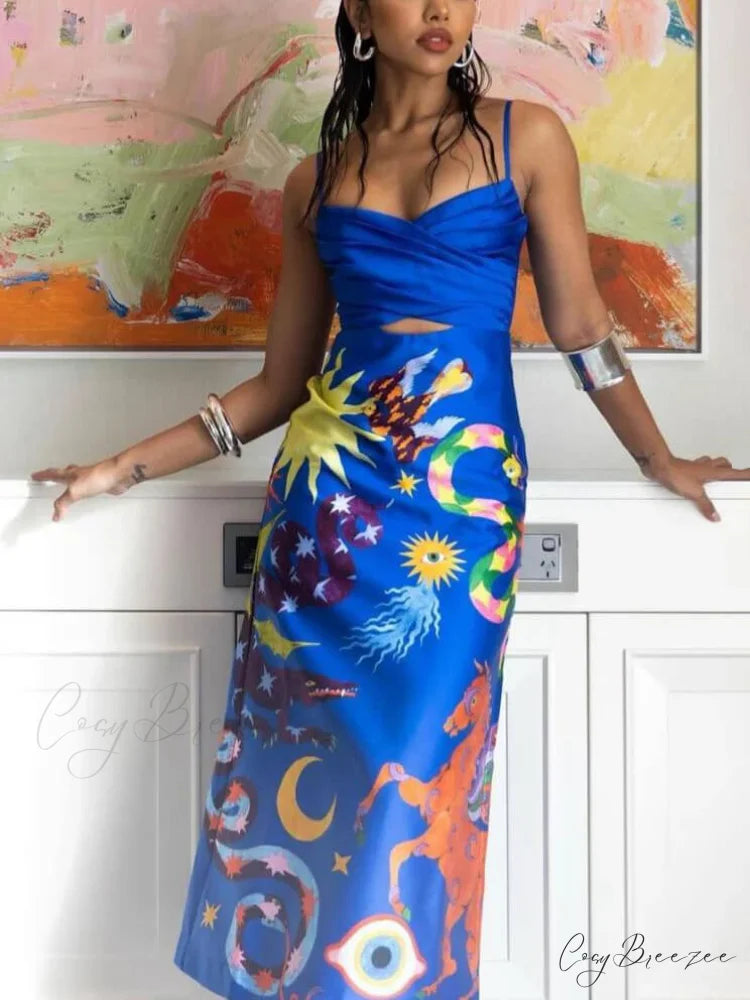 Summer Sexy Satin Backless Graceful Printed Sleeveless Midi Dress Blue / M