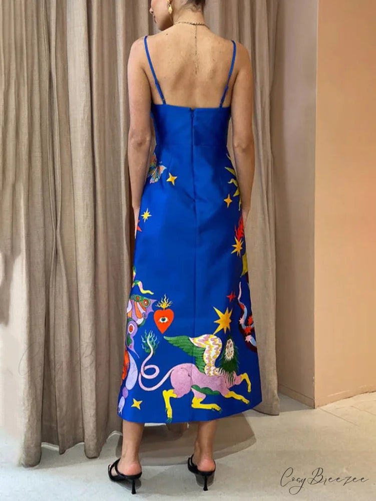 Summer Sexy Satin Backless Graceful Printed Sleeveless Midi Dress Blue / XL
