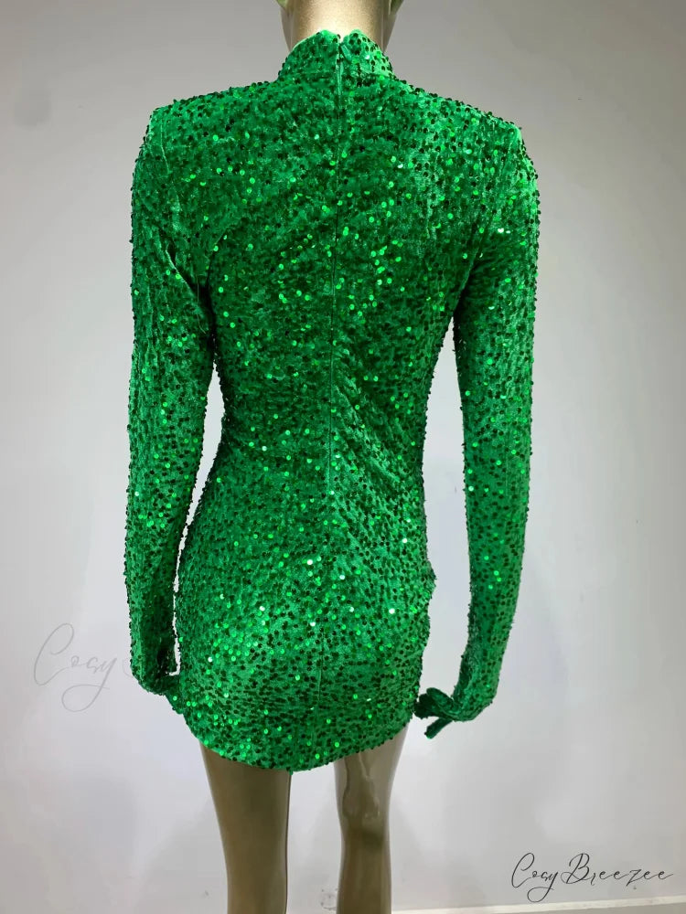 Summer Sexy Turtleneck Long Sleeve Velvet Green Mini Sequins Bodycon Christmas Party Dress