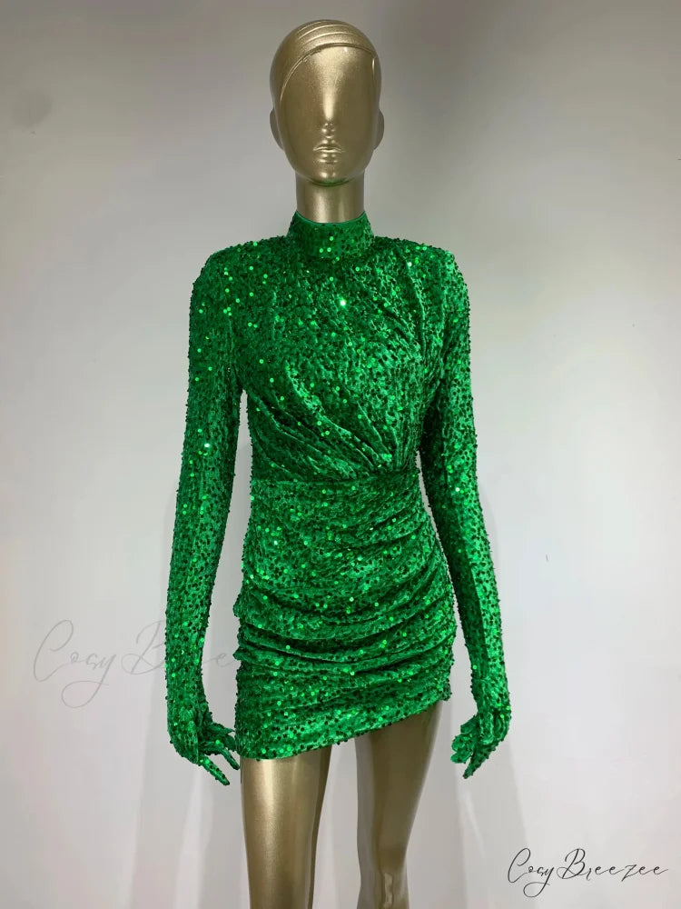 Summer Sexy Turtleneck Long Sleeve Velvet Green Mini Sequins Bodycon Christmas Party Dress