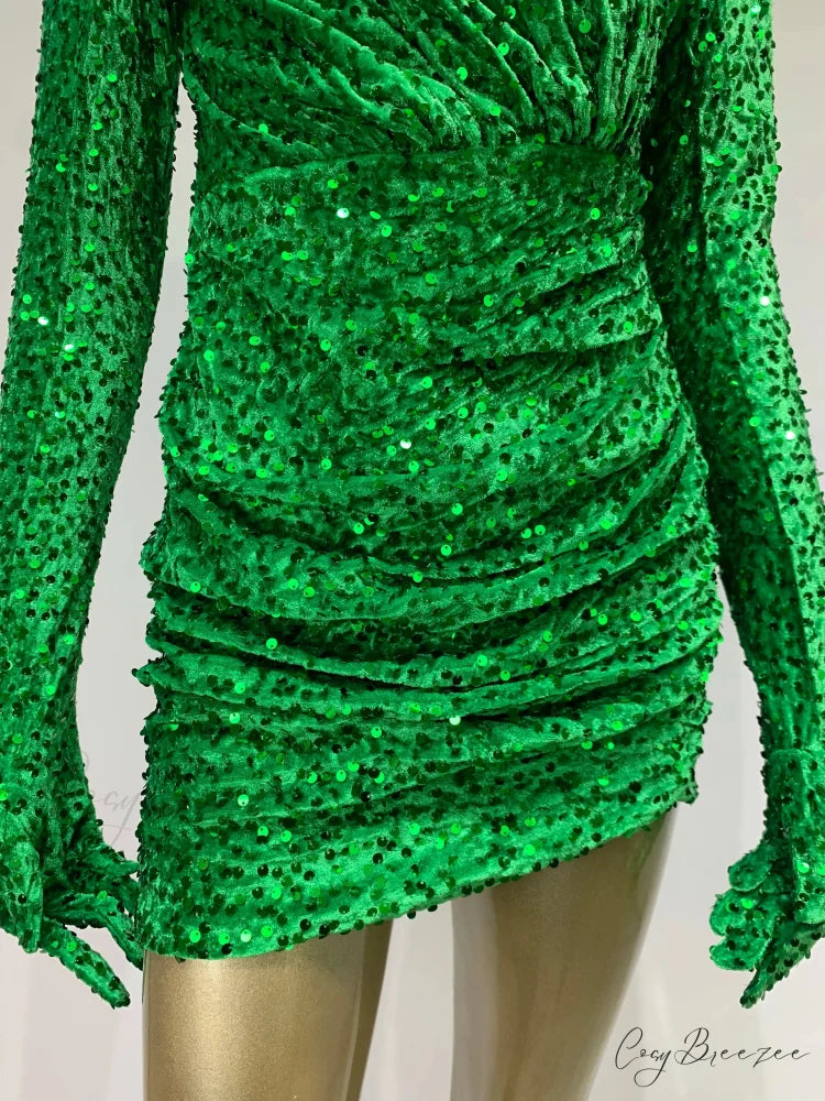 Summer Sexy Turtleneck Long Sleeve Velvet Green Mini Sequins Bodycon Christmas Party Dress