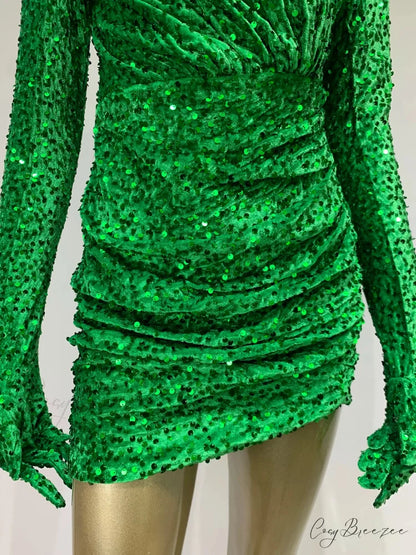 Summer Sexy Turtleneck Long Sleeve Velvet Green Mini Sequins Bodycon Christmas Party Dress