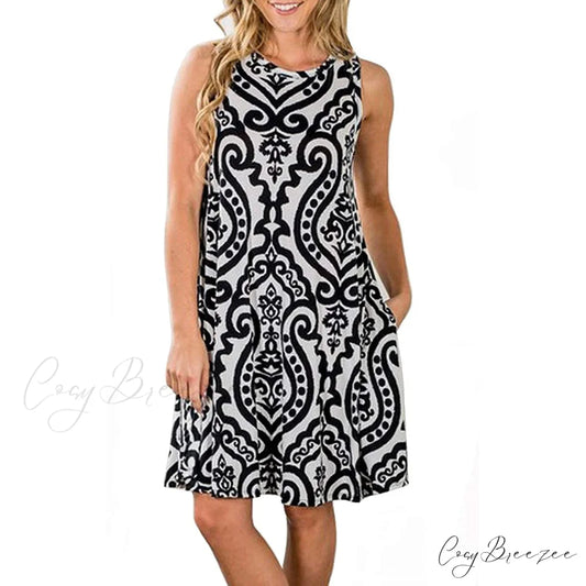 Summer Sleeveless Damask Print Pocket Loose T-Shirt Cover Up Dress for Women Black / S
