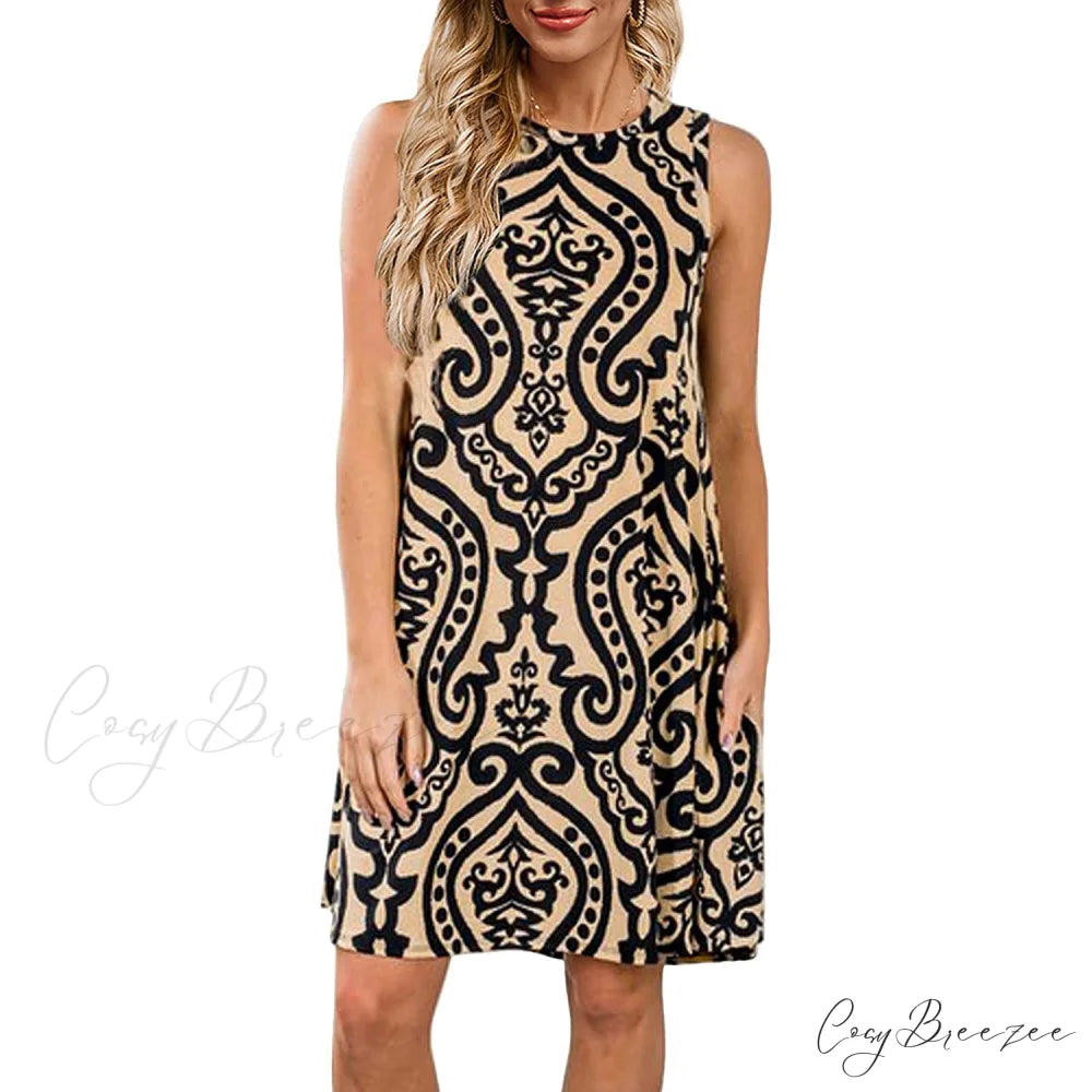 Summer Sleeveless Damask Print Pocket Loose T-Shirt Cover Up Dress for Women Khaki / S