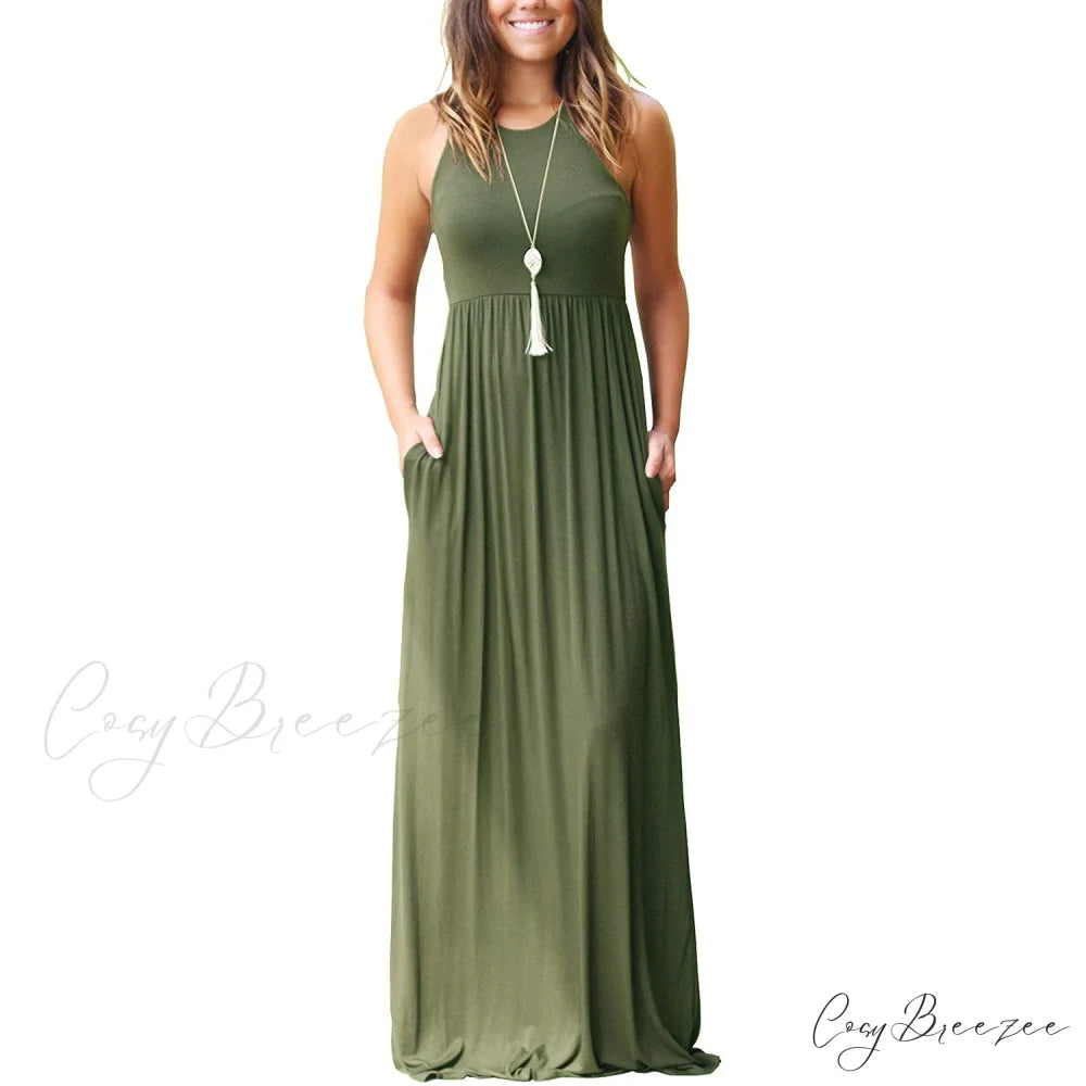 Summer Sleeveless Racerback Loose Plain Maxi Dress for Women Army Green / S