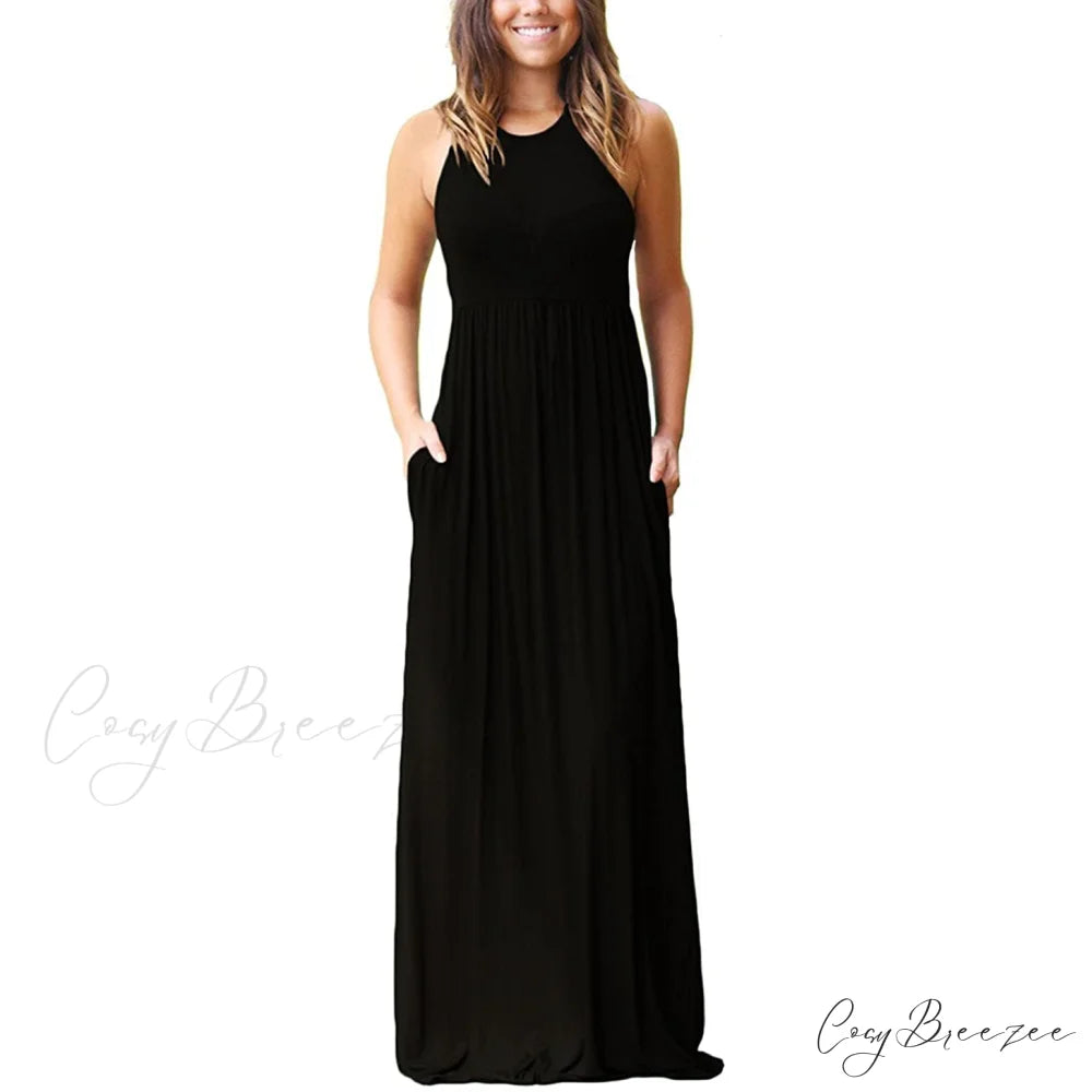 Summer Sleeveless Racerback Loose Plain Maxi Dress for Women Black / S