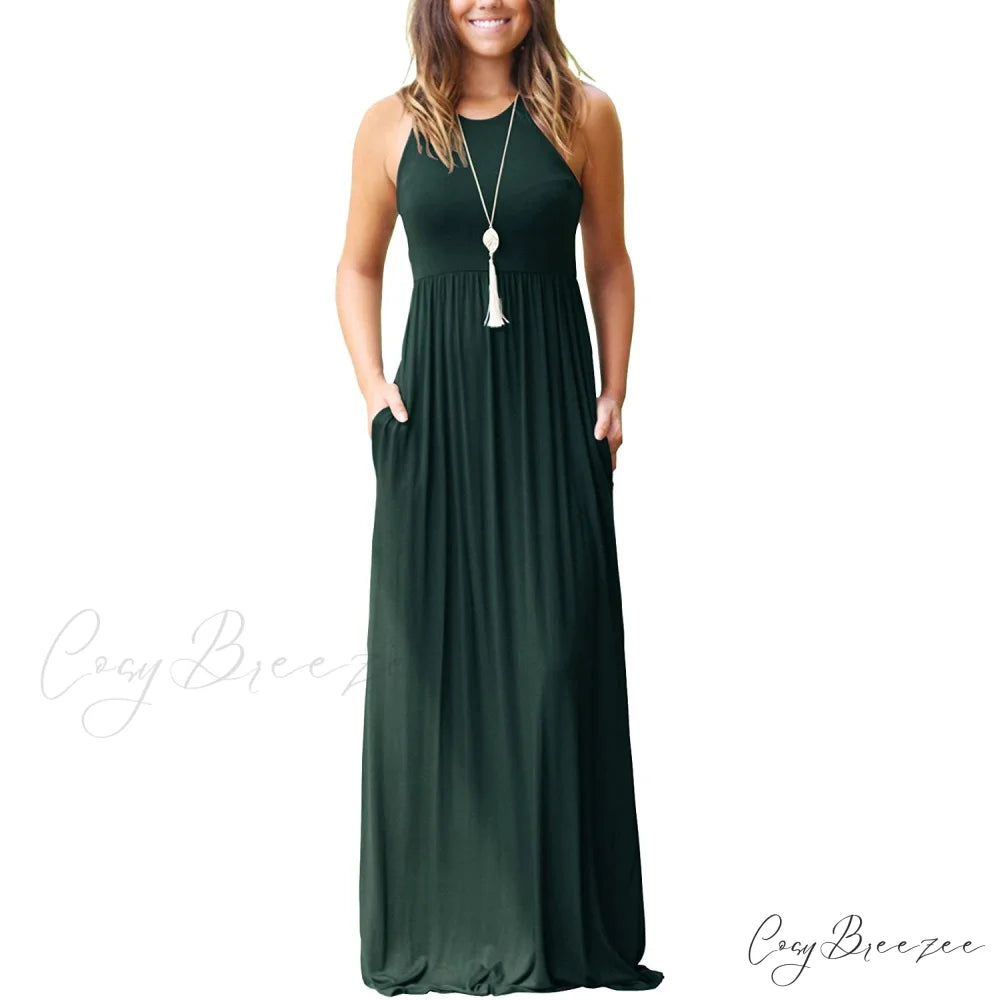 Summer Sleeveless Racerback Loose Plain Maxi Dress for Women Dark Green / S