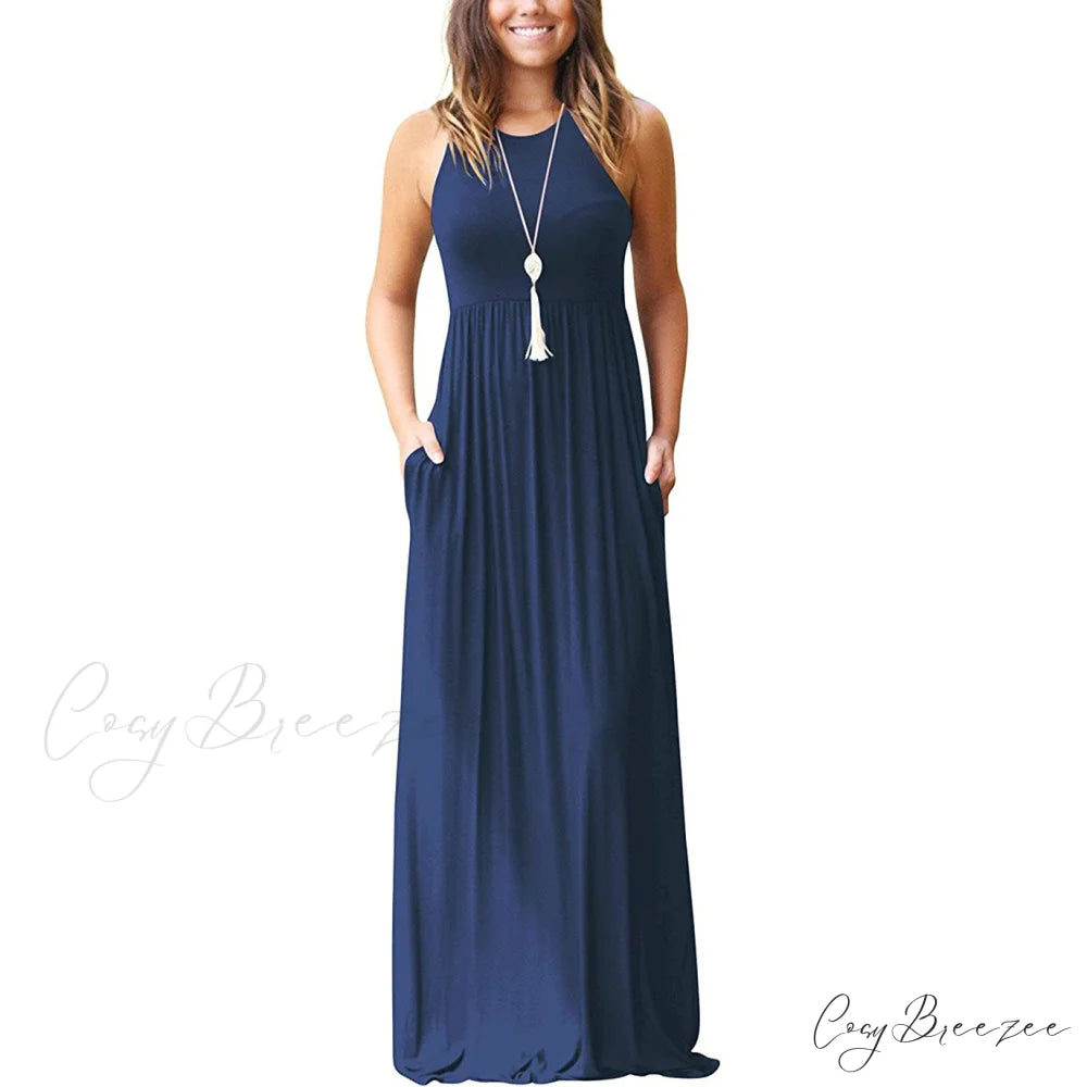 Summer Sleeveless Racerback Loose Plain Maxi Dress for Women Navy / S