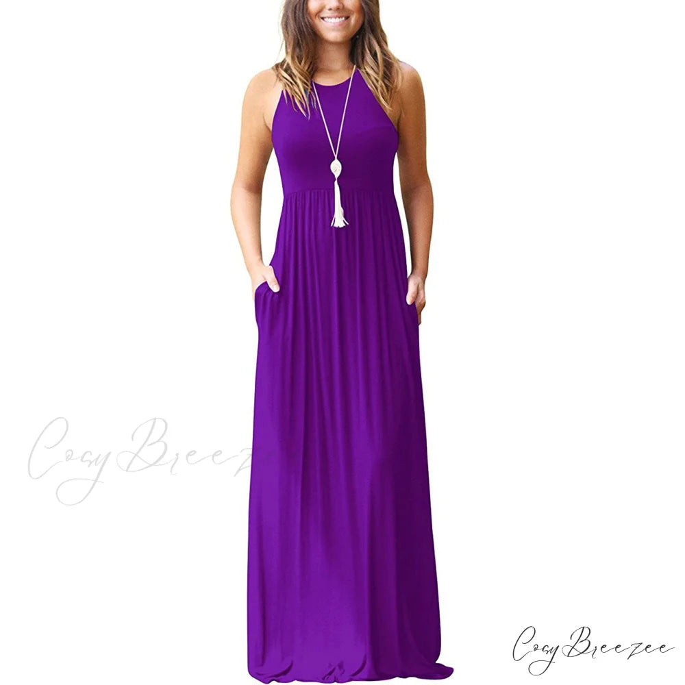 Summer Sleeveless Racerback Loose Plain Maxi Dress for Women Purple / S