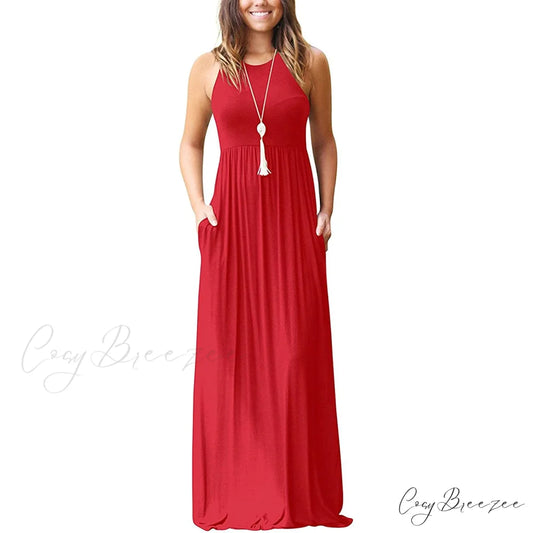 Summer Sleeveless Racerback Loose Plain Maxi Dress for Women Red / S