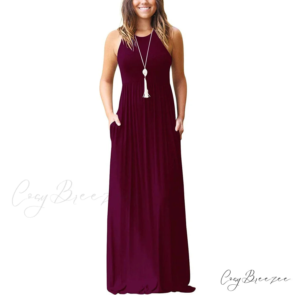 Summer Sleeveless Racerback Loose Plain Maxi Dress for Women Wine Red / S