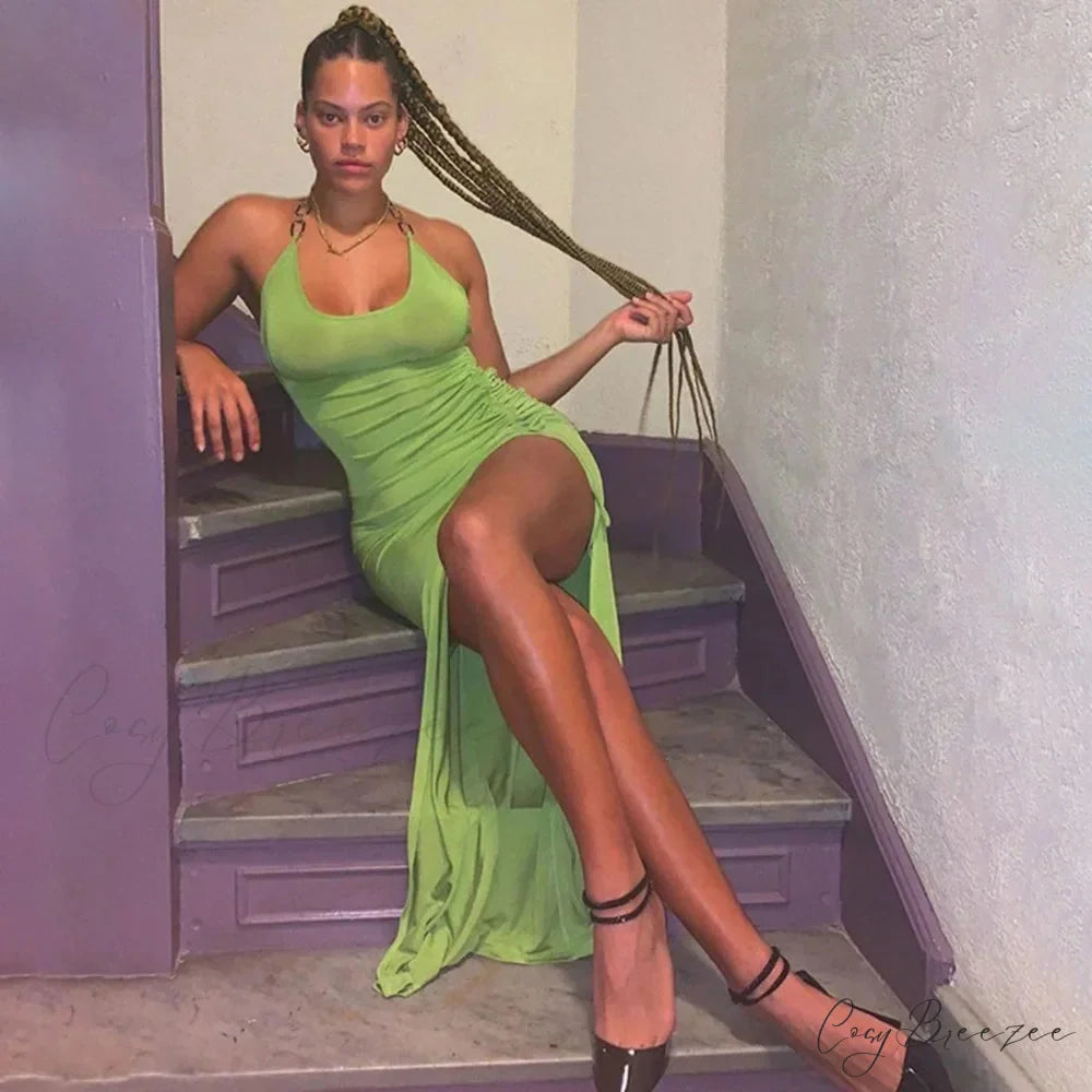 Summer Split Backless Drawstring Ruched Sleeveless Halter Women’s Midi Dress
