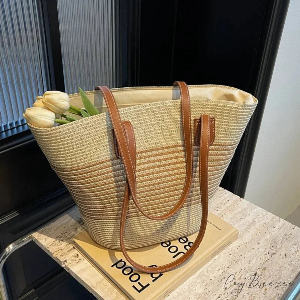 Summer Straw Bag Large Capacity Shoulder Bag Beige shoulder-250126