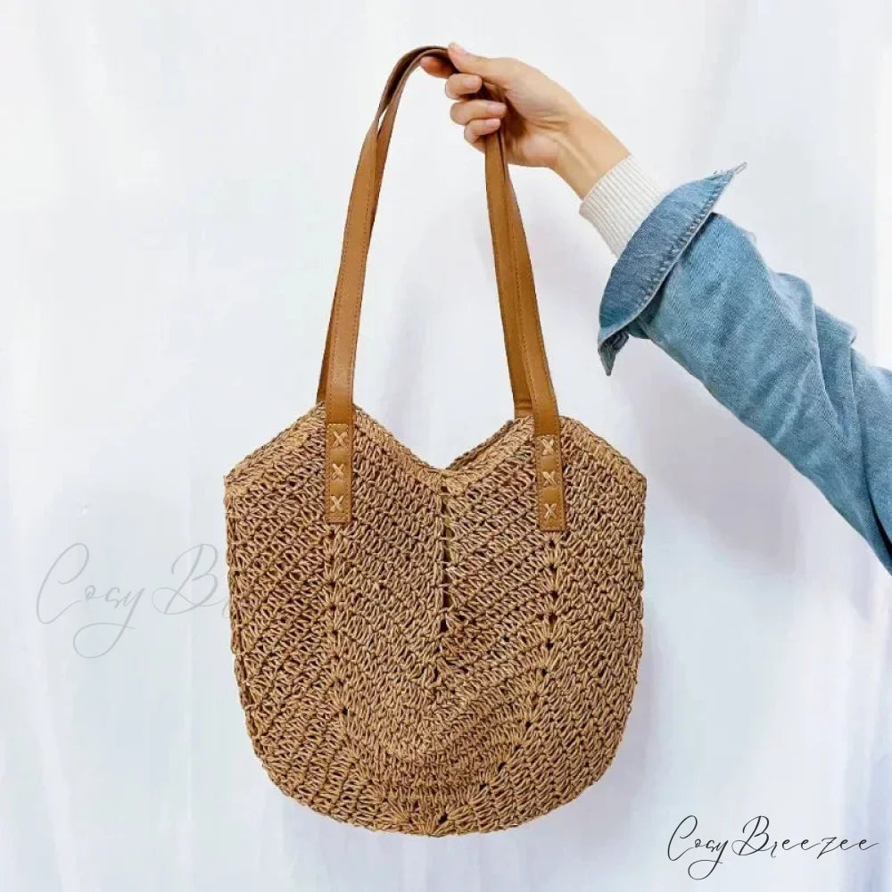 Summer Straw Rattan Crochet Shoulder Bag Light Brown shoulder-250126