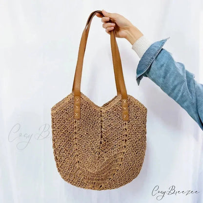 Summer Straw Rattan Crochet Shoulder Bag Light Brown shoulder-250126