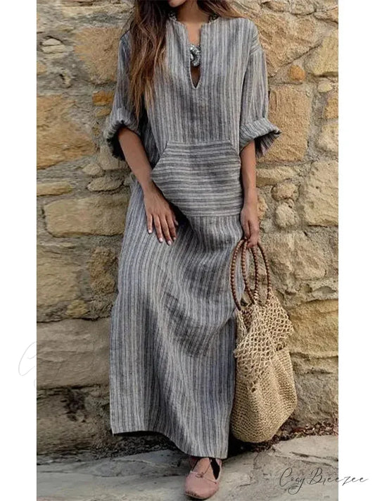 Summer Striped Cotton Linen Oversize Long Boho Dress