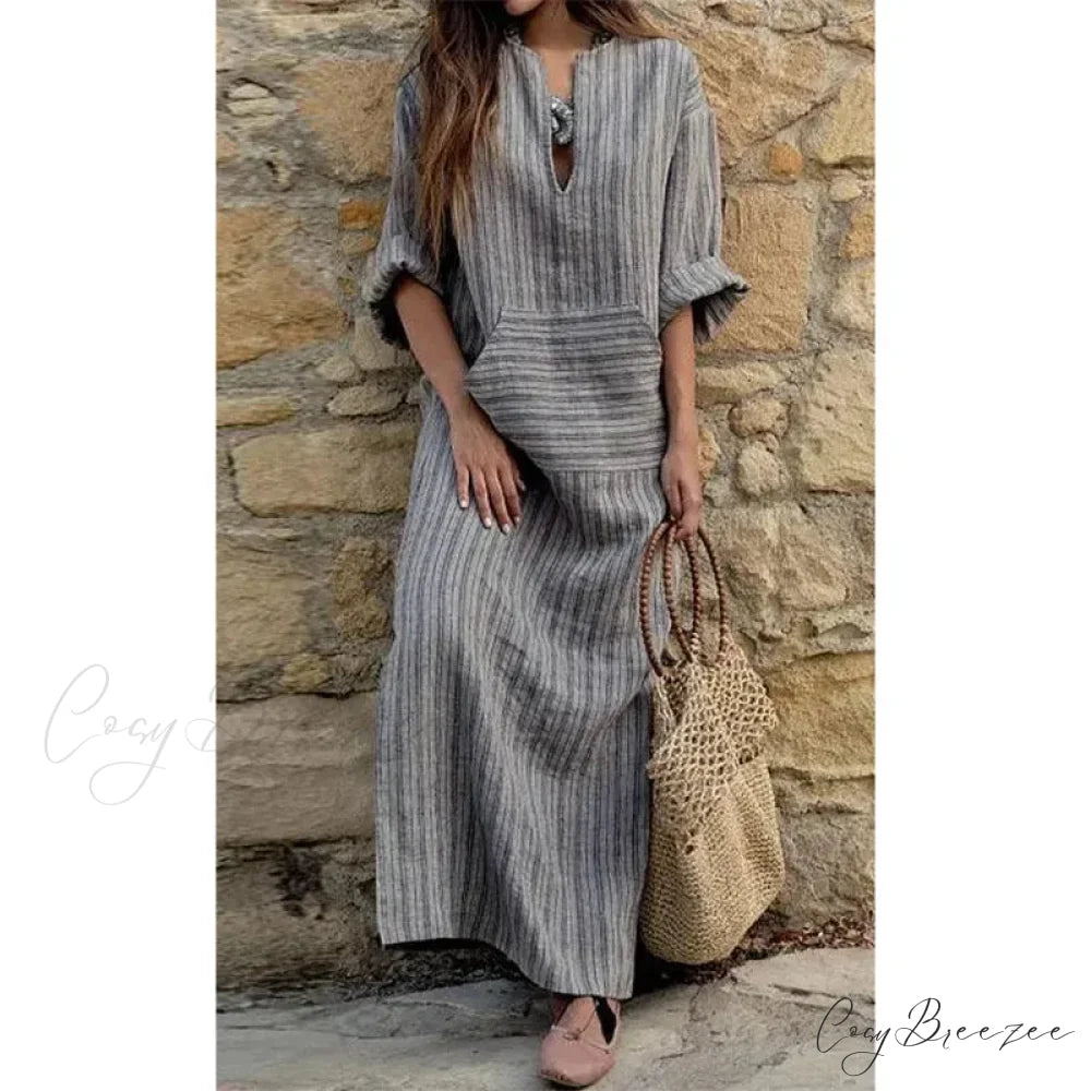 Summer Striped Cotton Linen Oversize Long Boho Dress GRAY / L