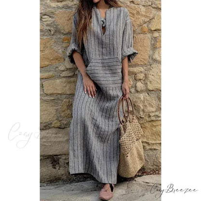 Summer Striped Cotton Linen Oversize Long Boho Dress GRAY / L