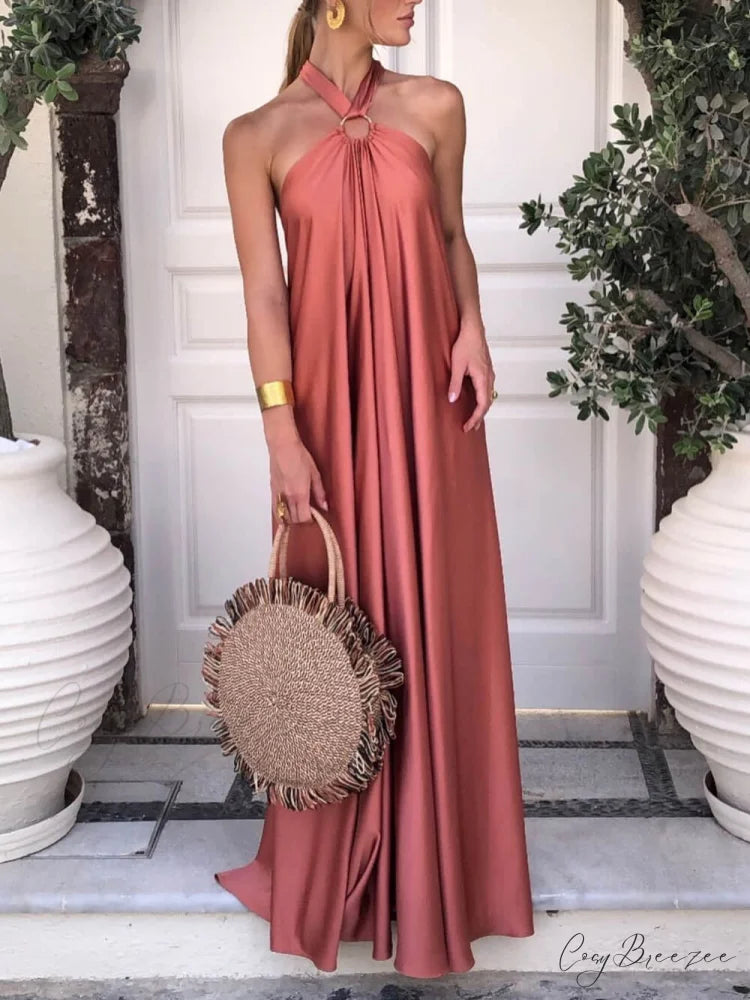 Summer Temperament Satin Charming Halter Swing Gown Dresses