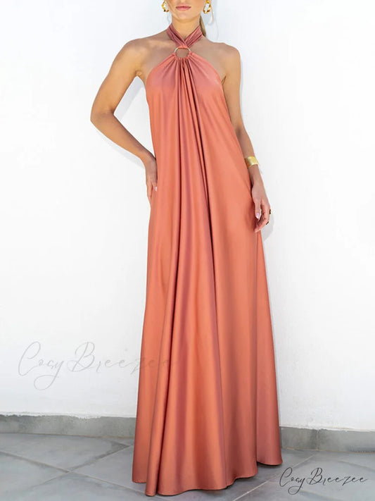 Summer Temperament Satin Charming Halter Swing Gown Dresses Orange / S