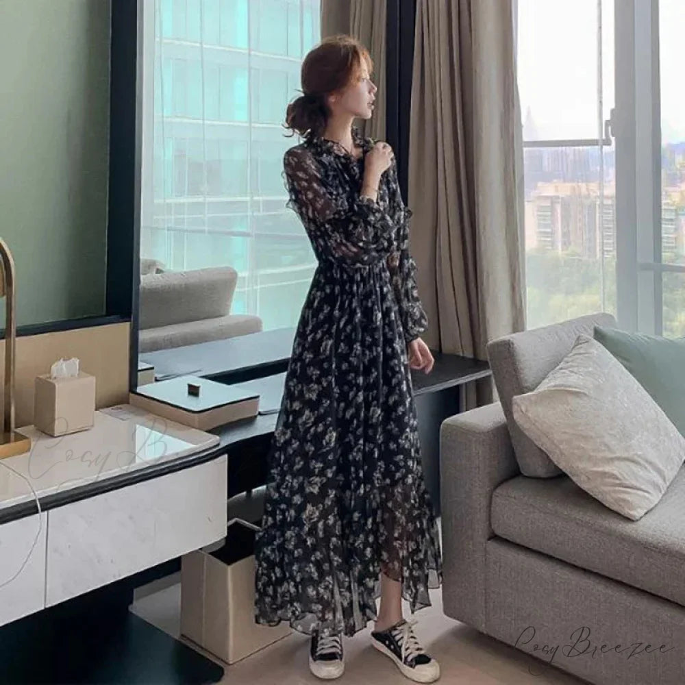 Summer Thin Floral Chiffon Lace Vintage Black Boho Dress