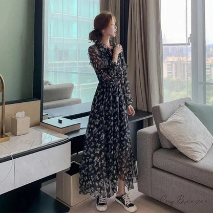 Summer Thin Floral Chiffon Lace Vintage Black Boho Dress