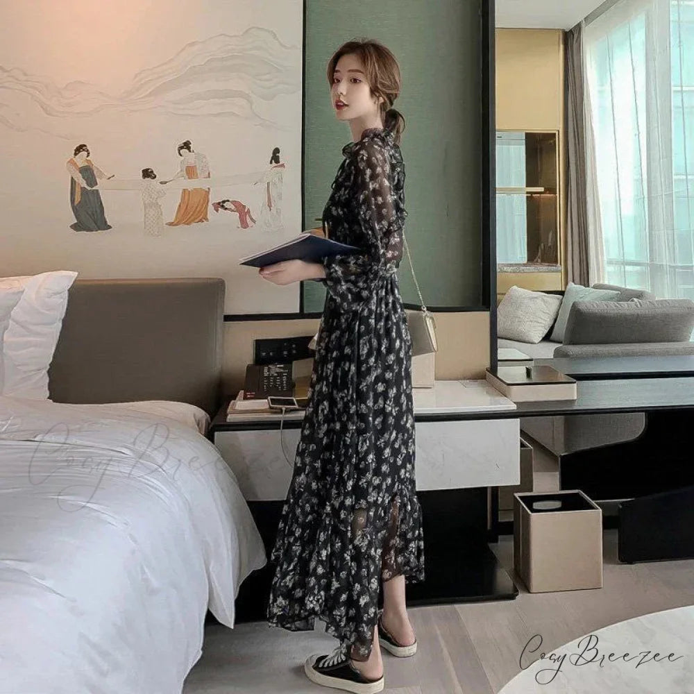 Summer Thin Floral Chiffon Lace Vintage Black Boho Dress