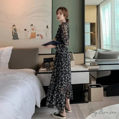 Summer Thin Floral Chiffon Lace Vintage Black Boho Dress