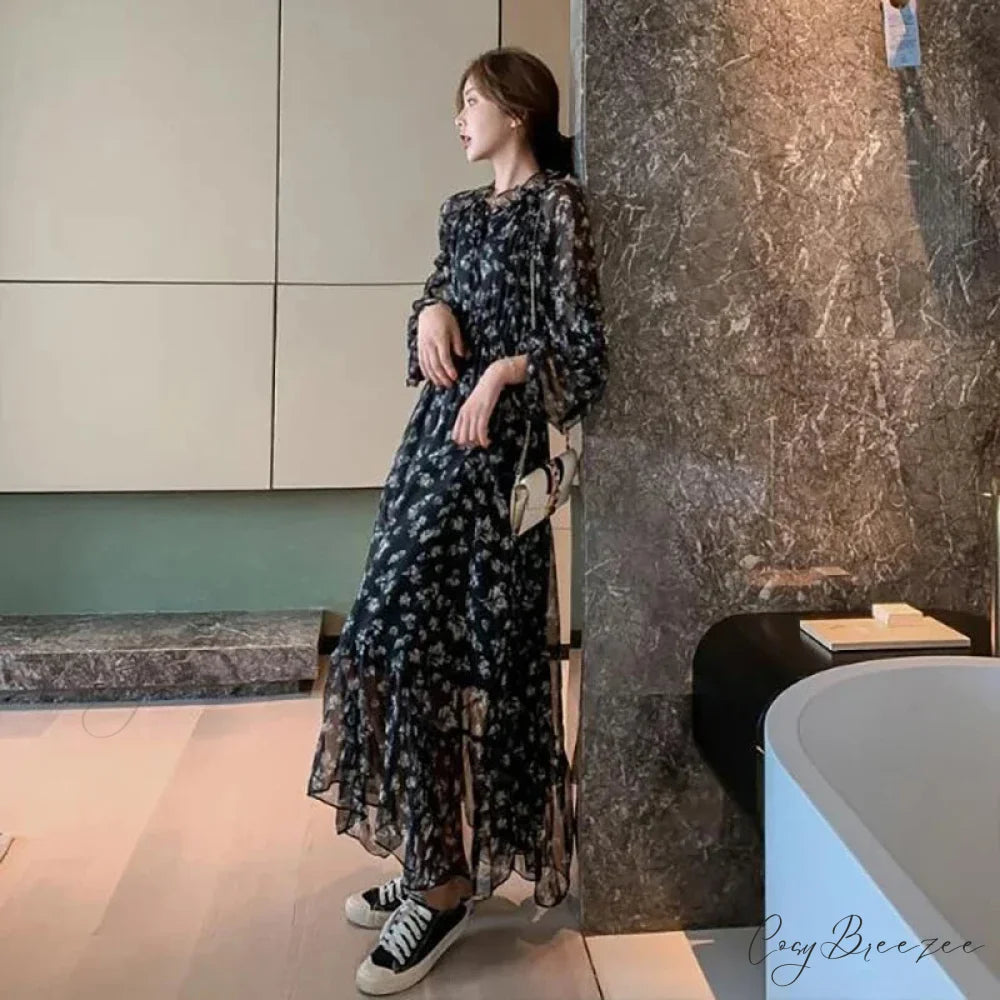 Summer Thin Floral Chiffon Lace Vintage Black Boho Dress